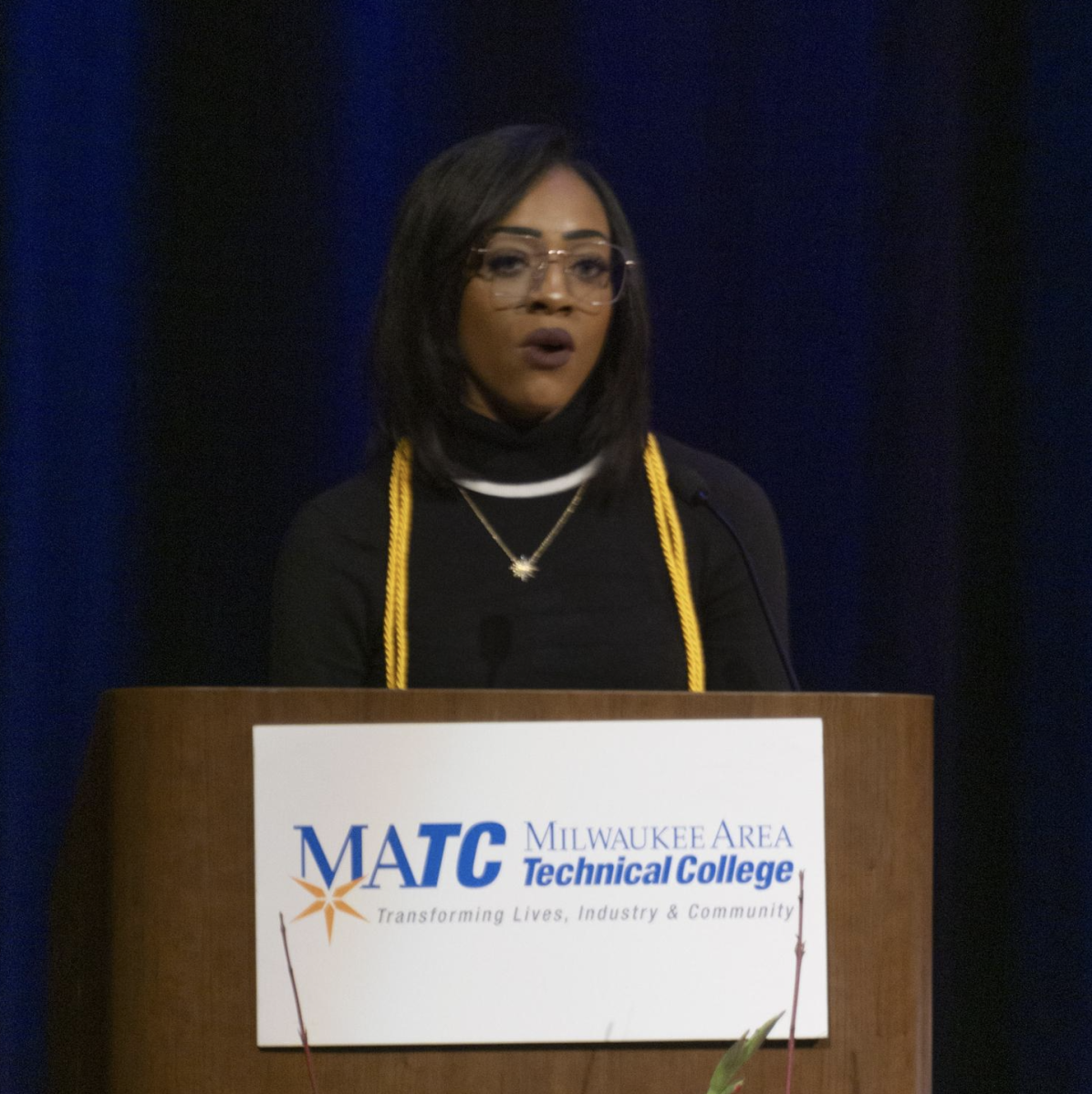 MATC’s President’s Award Winner, Shauna Morris-Patterson gives a brief speech expressing gratitude for this award on December 4, 2024. 